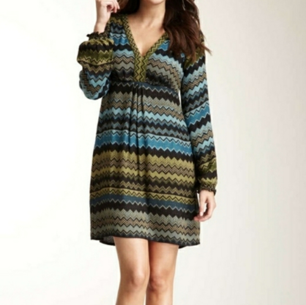 Vintage Y2K HALE BOB Boho Woven Mini Dress • Olive Green Turquoise Chevron • XS - Picture 4 of 12